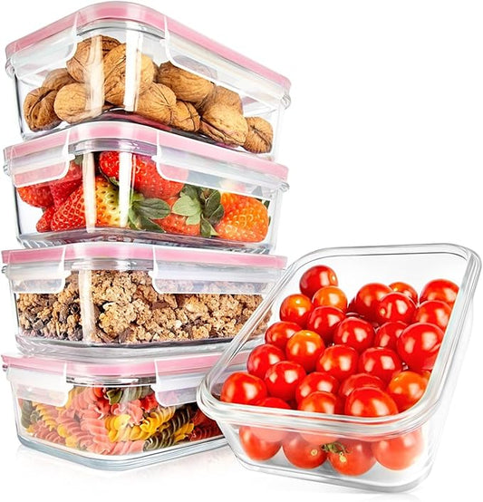 NutriChef 10-Piece Glass Food Containers - Stackable Superior Glass Meal-prep Storage Containers, Newly Innovated Leakproof Locking Lids w/Air Hole, Freezer-to-Oven-Safe (Red)