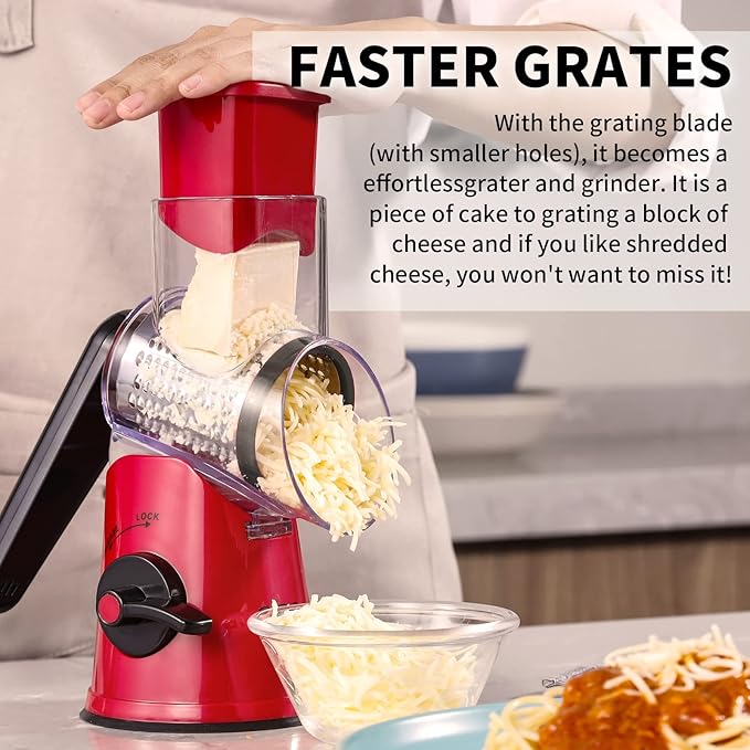 Rotary Cheese Grater, 3 in 1 Cheese Shredder Grater Rotary with Handle, Vegetable Mandoline Slicer Shredder for Vegetable, Cheese, Nut