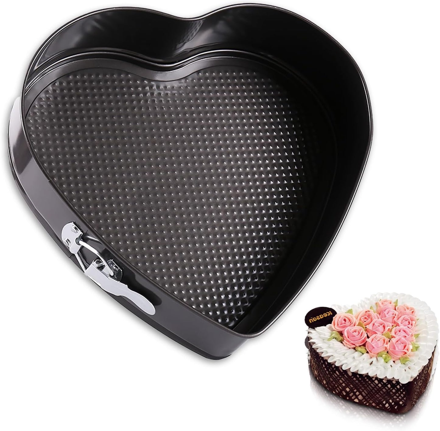 10 inch Heart Shape Cake Tin, Removable Base, Stainless Steel Cake Mold with Snap Closure and Non Stick Layer, Easy to Demould, for Chiffon Cake, Black