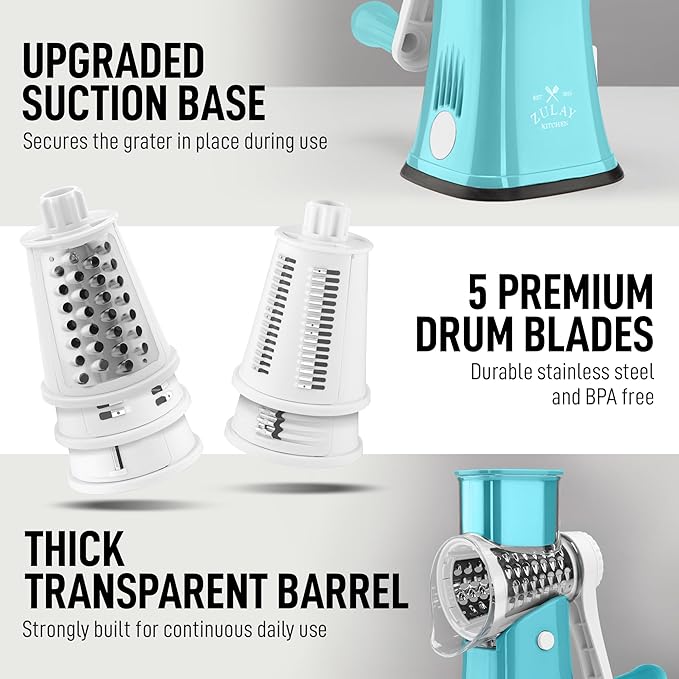 Zulay Kitchen Rotary Cheese Grater 5 Blade Cheese Shredder - Manual Hand Crank Cheese Grater With Reinforced Suction & 5 Interchangeable Drums - Easy to Use, Vegetable Chopper Round Mandoline Slicer