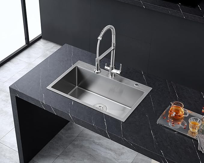 MENATT 25 Inch Drop in Kitchen Sink with 2 Faucet Holes, 25" x 18" Single Bowl 9 inch Deep 18 Gauge Stainless Steel Topmount Kitchen Sink, Brushed Nickel