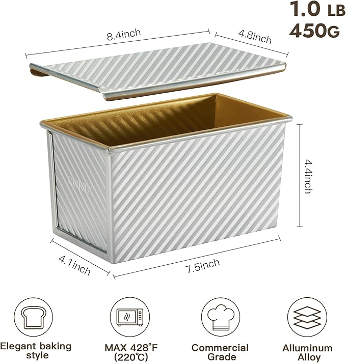 CURTA Pullman Loaf Pan with Lid 1 lb Dough Capacity Non-Stick Bakeware for Baking Bread, Corrugated sourdough bread pan, Silver 2pcs