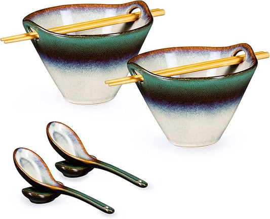 HENXFEN LEAD Japanese Ramen Noodle Bowls Set of 2 - Deep Ceramic Soup Bowls with Spoons, Chopsticks and Holder, 20 Oz Serving Dishes for Pho, Udon Noodle, Cereal - Reactive Green