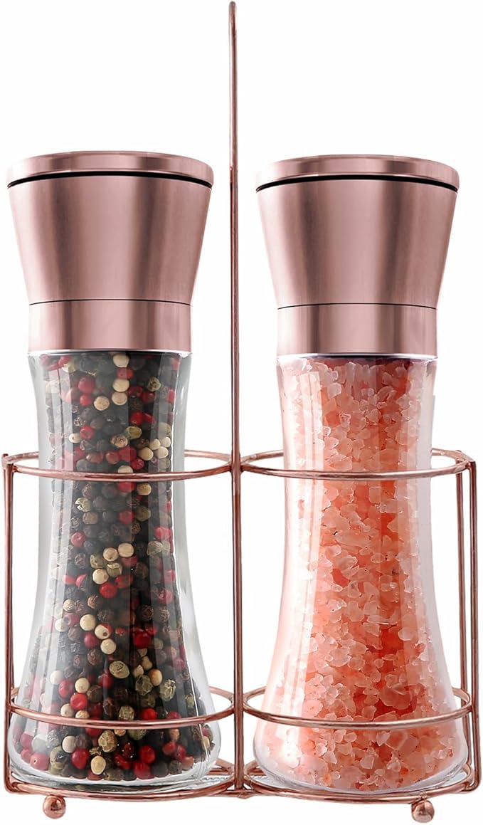 Copper Stainless Steel Salt and Pepper Grinder Set Manual Himalayan Pink Salt Mill|Salt and Pepper Shakers with Adjustable Coarseness and Clear Glass Body (Pack of 2)