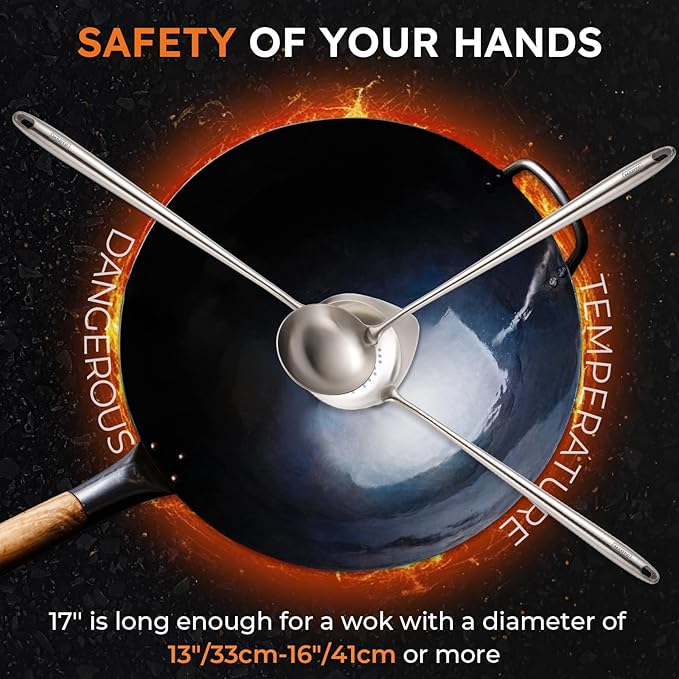 MARTE Wok Spatula and Ladle Skimmer Spoon Tool Set,[High-Grade,Rustproof, Integral Forming, Heat-Resistant] 17" 304 Stainless Steel Cooking Utensils Set of 3，Wok Stir-Fry Accessories - Non-Slip Handle