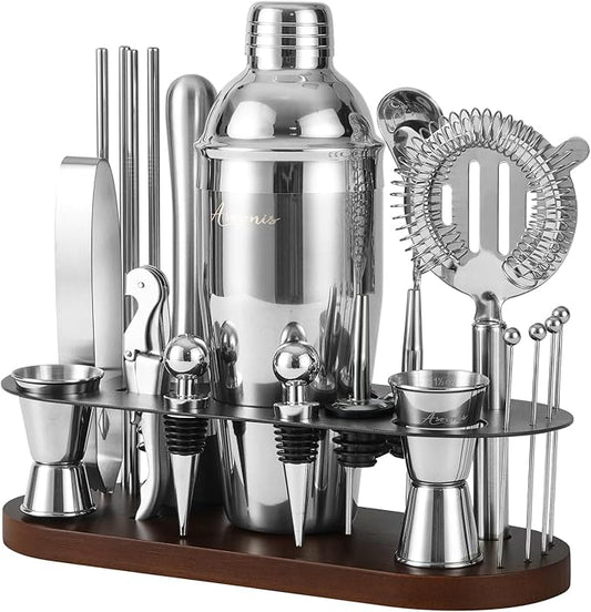 Cocktail Shaker Set Bartender Kit with Stand | 23-Piece Bar Set Drink Mixer Set with All Essential Bar Tools: Martini Shaker, Jigger, Strainer, Spoon, Muddler, Pourers, for Home, Bar, Party