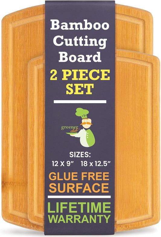 Extra Large Bamboo Cutting Board Set of 2 – Wood Cutting Boards for Kitchen with Glue-Free Surface™ & Juice Groove – Non-Toxic Wooden Chopping Boards, FSC-Certified, Durable Carving Boards