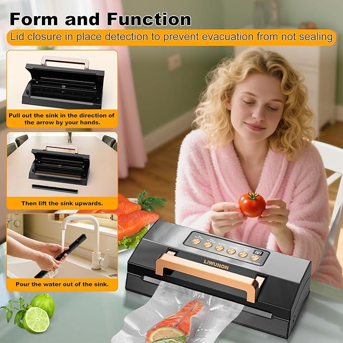 Powerful Suction Vacuum Sealer Machine,Commercial Fully Automatic Food Vacuum Sealer with Double Heat Seal,Dry & Moist Modes,Built-in Cutter,Bags Storage,Easy-Lock Handle,Include 2 Bag Rolls (Black)