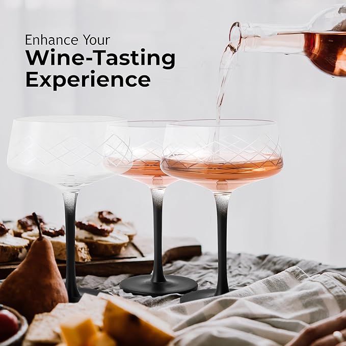 MIAMIO – 9.5 Oz Coupe Glasses Set of 4 with Bar Spoon, Handblown Crystal Cocktail Glasses with Black Stem, Cocktail Glasses, Vodka Martini Glasses, Champagne Coupe Glasses – Crystaluna Collection