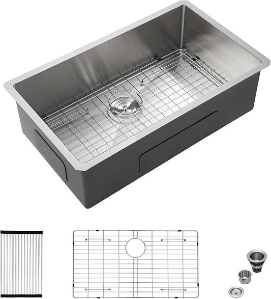 Mocoloo 33 Undermount Kitchen Sink - 33 x 19 Inch Kitchen Sink Undermount Stainless Steel 16 Gauge Single Bowl Under Counter Handmade with Offset Drain, 10'' Deep Basin