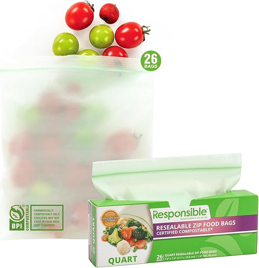 Certified Compostable QUART Resealable Zip Bag, Extra Strength Food Bags, Plant-Based Freezer-Safe (26 Pack)