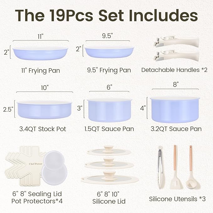 Chef Power Ceramic Nonstick Pots and Pans Set 19 Piece with Detachable Handle, Induction Dishwasher Oven Safe Cookware Set, RV Kitchen Set Removable Handle (Light Purple)