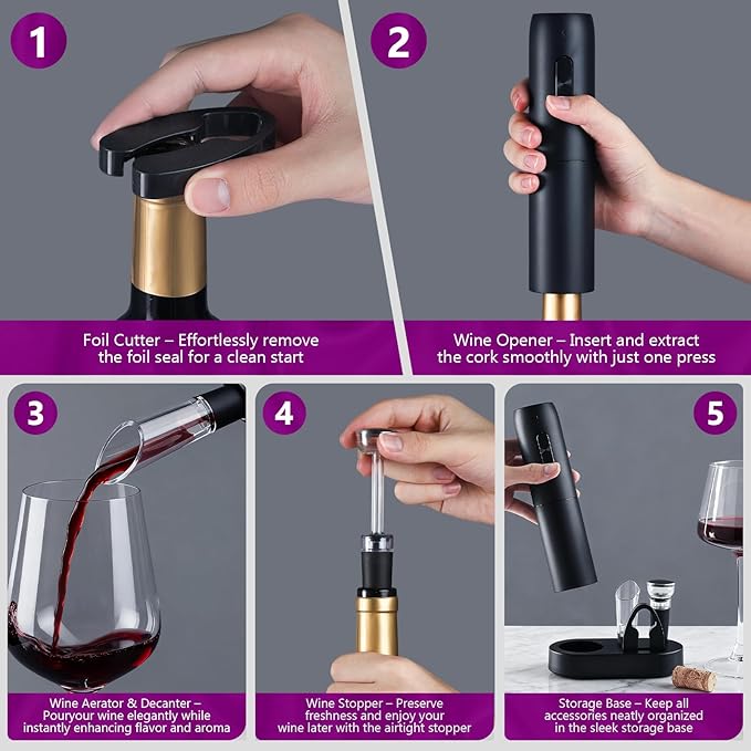 Electric Wine Opener Rechargeable Electric Wine Bottle Opener 6in1 with Charging Base Foil Cutter Vacuum Stopper and Pourer for Home Kitchen Bars Wedding Wine Lover Gifts