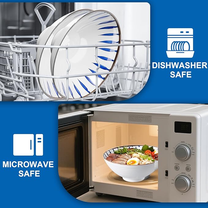 8-Inch Ceramic Ramen Bowl Set of 4 (17 Piece) - Porcelain Japanese Salad Noodles Cereal Fruit Pasta Soup Large Bowls with Recipes Chopsticks Forks Spoons for Men Women Gift Microwave Dishwasher Safe