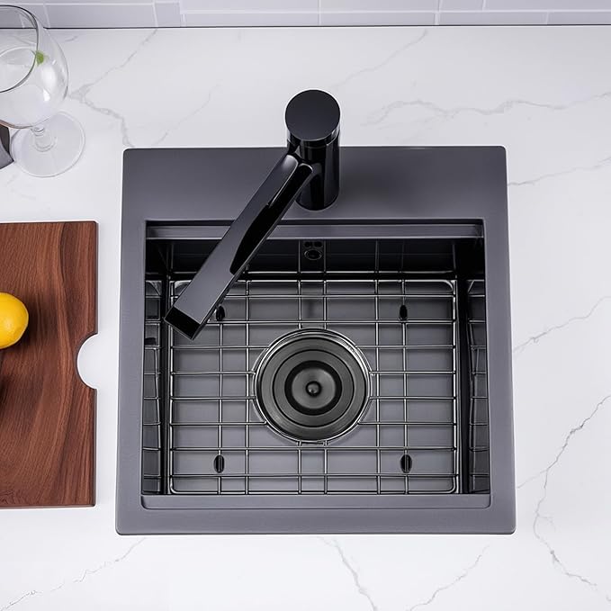 Black Bar Sink Drop In,15 x 15 Inch Gunmatel Black Single Bowl Small Kitchen Sinks,16 Gauge 304 Stainless Steel Topmount Wet Bar Sink Prep Sinks With Grid&Drain&Cutting Board