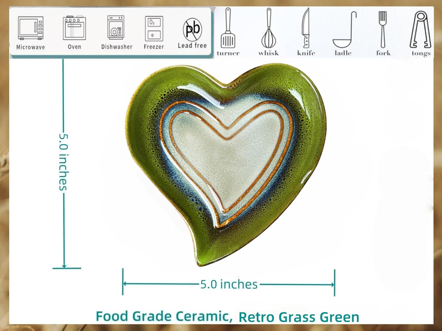 Ceramic Spoon Rest for Stove Top, Heart Cute Spoon Rest for Kitchen Counter, Cooking Spoon Holder for Kitchen Counter, Utensil Rest Spatula Rest Ladle Holder Tong Rest (Retro Grass Green)