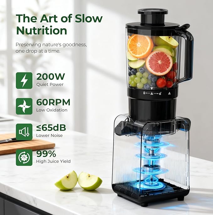 Cold Press Juicer Machine, 4.4" Wide Feed Chute, Slow Masticating Juicer for Whole Vegetables & Fruits, High Juice Yield, Easy to Clean & Assemble, One-touch Digital Color Control Panel