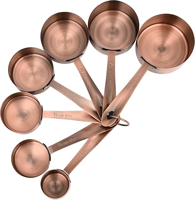 Copper Measuring Cups and Spoons Set of 18, 7 Copper Measuring Cups, 9 Copper Measuring Spoons, Stainless Steel Measuring Spoons and Cups for Dry & Wet Ingredients During Kitchen&Baking