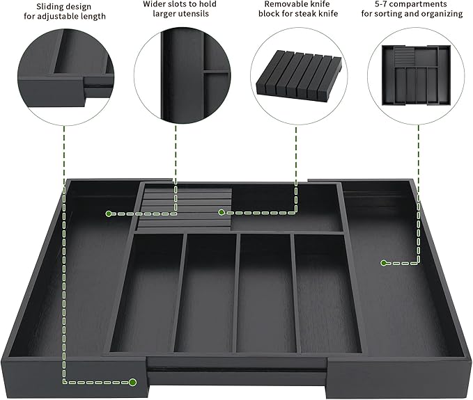 VaeFae Premium Bamboo Silverware Drawer Organizer Kitchen, Expandable Utensil Organizer with Knife Block, Cultery Tray with Divider for Flatware (Black)
