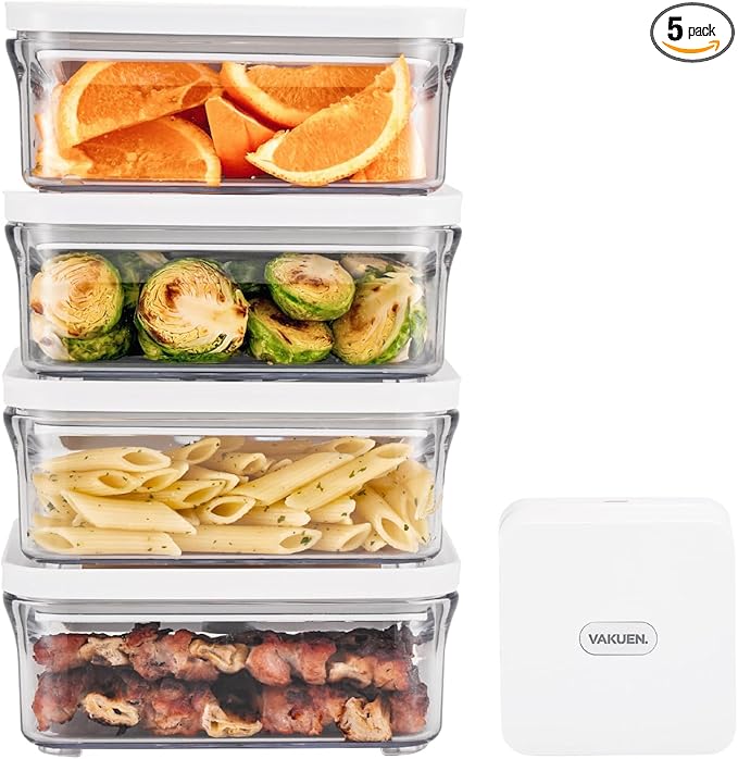 Premium Airtight Food Storage Container. Meal Prep 0.85qt 5pc/Set. 4pcs Container and Vacuum Sealer. Patented Double Silicone Lining, 100% Leak Proof, BPA-FREE