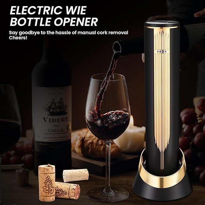 Electric Wine Bottle Opener with Charging Base & Built-in Foil Cutter – Rechargeable Intelligent Touch-Activated Automatic Corkscrew – Luxury Christmas Wine Gifts for Women, Men, Seniors