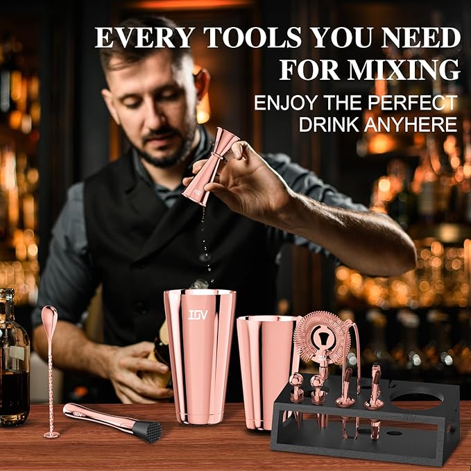 IOV Cocktail Shaker Set: 12-Piece Mixology Bartender Kit Bar Set | 18oz & 28oz Boston Shaker Drink Mixing Tools for Home with Recipe Booklet and Stand | Fun Housewarming Gift (Rose Gold)