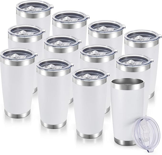 20 oz Tumblers Bulk Stainless Steel Tumbler with Lid Double Wall Vacuum Insulated Coffee Mug 20oz Powder Coated Cup for Hot and Cold Drinks, White, 12 pack
