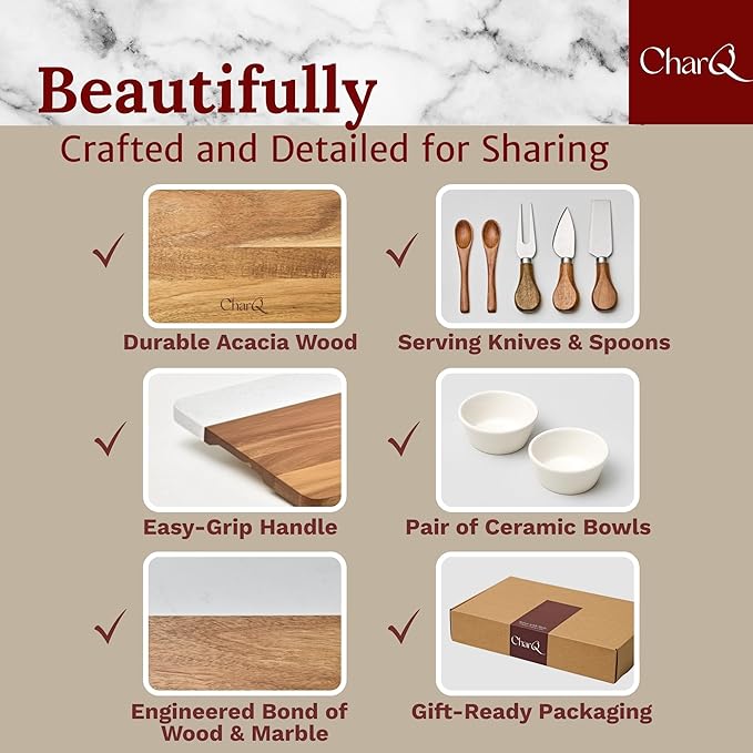 Marble Acacia Charcuterie Board Set (Premium Design Not Bamboo) – Cheese Platter Meat and Cheese Tray Medium Board for Small Gatherings Elegant Cheeseboard Gift