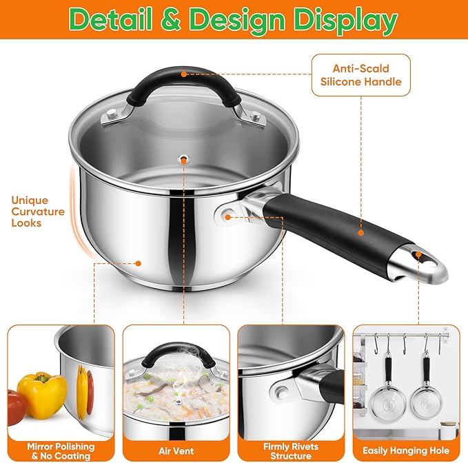 P&P CHEF 2 Quart Sauce Pan with Lid, Stainless Steel Saucepan, Small Milk Pot for Multipurpose Cooking, Visible Glass Lid & Stay-cool Silicone Handle & Tri-Ply Base, For All Stoves & Dishwasher Use