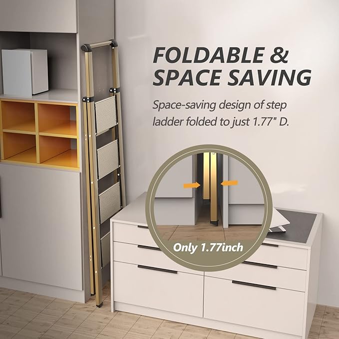 4 Step Ladder, Folding Step Stool with Anti-Slip Wide Sturdy Pedal and Handgrip, Portable Lightweight Aluminum Stepladder, 300 lbs Capacity, Multi-Use for Home, Library - Brown Gold