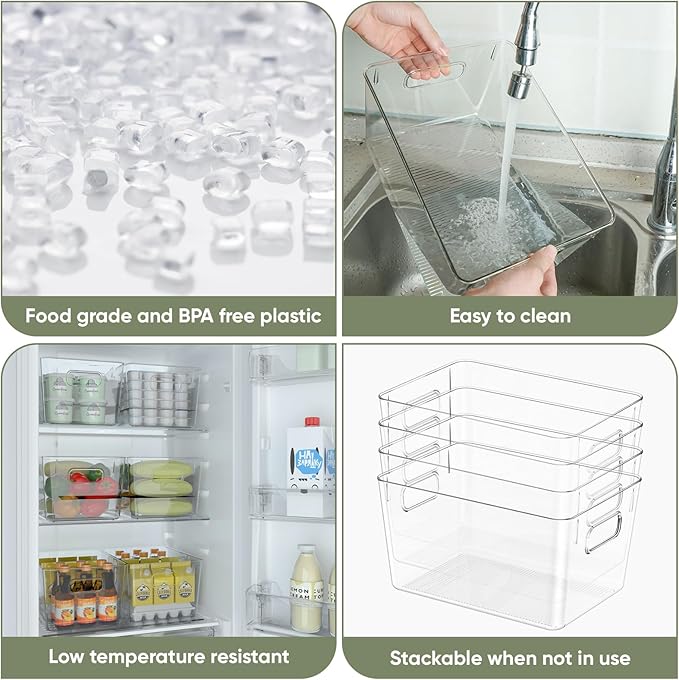BALEINE Clear Plastic Storage Bins, Pantry Organization, BPA Free Stackable Refrigerator Organizers and Storage with Handles for Kitchen Fridge Cabinet Bathroom (4PK, 13x7.4x6.2)