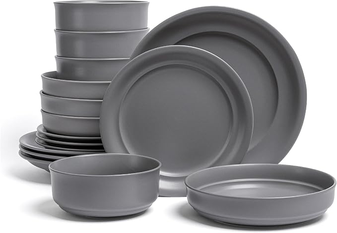 over&back Rim Dinnerware Set - Stoneware Dishes - Comes with 4 Dinner Plates, Salad Plates, Cereal Bowls, and Dinner Bowls - 16-Piece All-Occasion Place Settings - Serves Four - Semi-Matte Charcoal