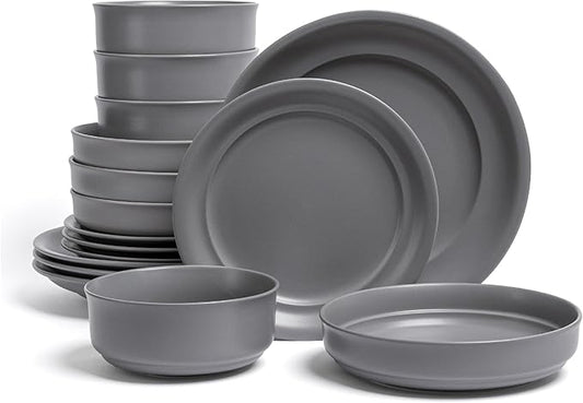 over&back Rim Dinnerware Set - Stoneware Dishes - Comes with 4 Dinner Plates, Salad Plates, Cereal Bowls, and Dinner Bowls - 16-Piece All-Occasion Place Settings - Serves Four - Semi-Matte Charcoal