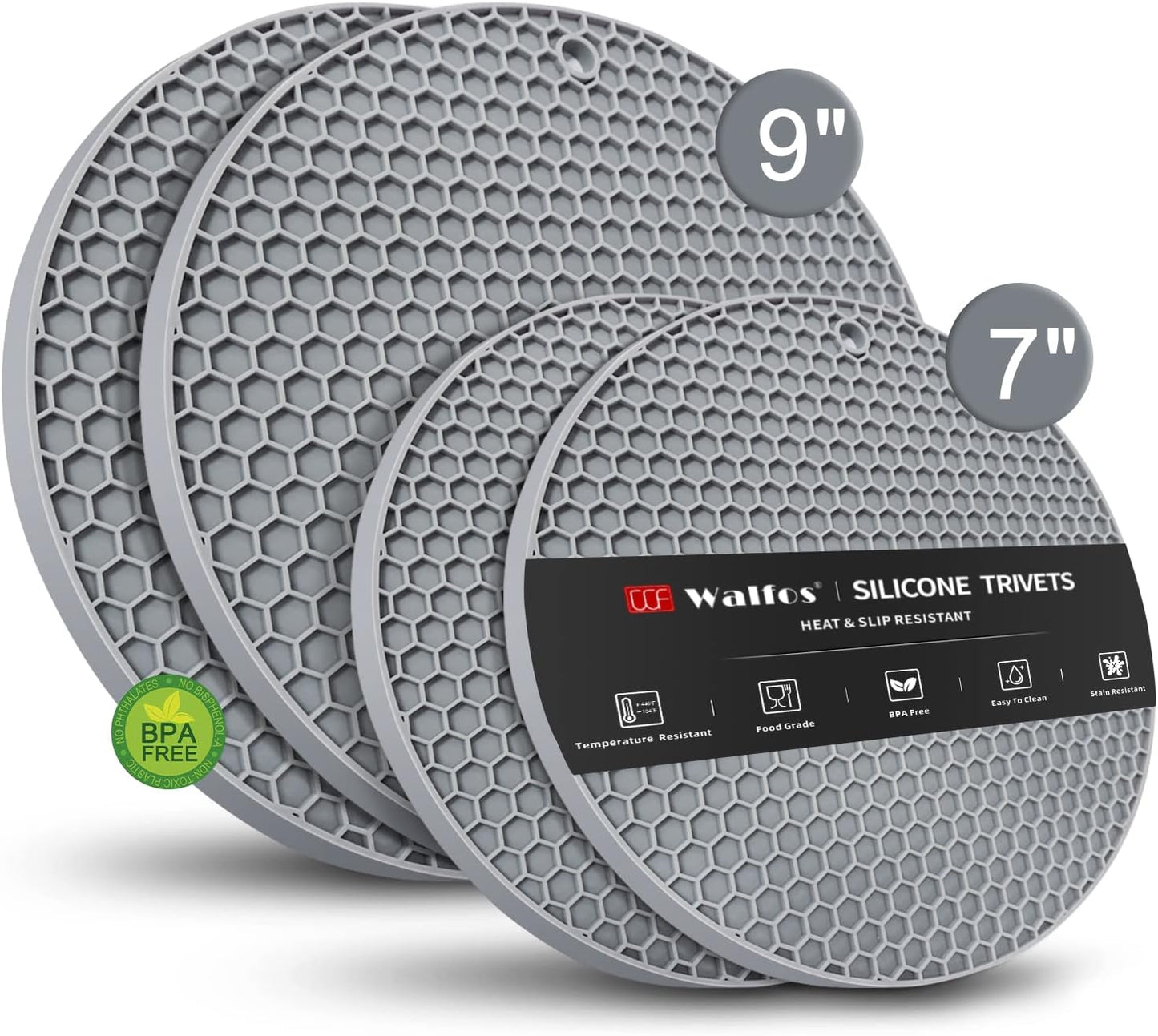 Silicone Trivet Mats - Walfos Heat Resistant Pot Holders Set, 4pcs 2 Sizes 7 Inch & 9 Inch, Multipurpose Non-Slip Hot Pads for Hot Pot, Hot Dishers, Jar Opener, Food Grade & BPA Free (Nordic Grey)