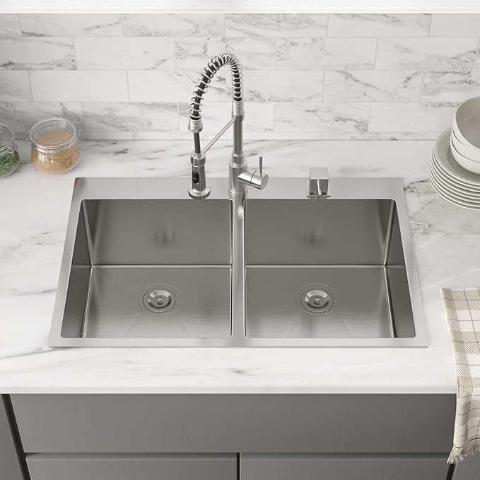 33 Inch Double Bowl Kichen Sink - Funmier 33" x 22" Drop In Stainless Steel Double Bowl Kitchen Sink 50/50 16 Gauge Handmade Deep Basin