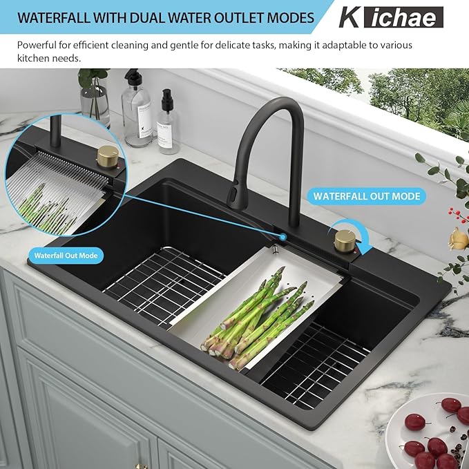 Kichae 33 Kitchen Sink Drop In Waterfall - 33"x22" Black Granite Quartz Composite Smart Single Bowl Waterfall Workstation with Pull Down Faucet Combo