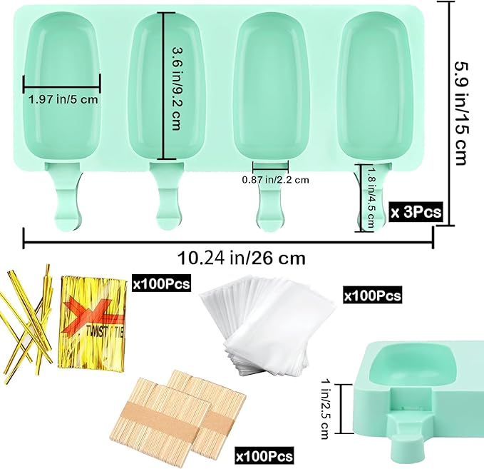 3pcs Large Silicone Popsicle Molds Set,BZIDII 4 Cavities Cake Pop Molds,Oval Ice Cream Bar Mold Ice Pop Cakesicle Molds Silicone with 100 Wooden Sticks & 100 Bags &100 Twist Ties(Green)