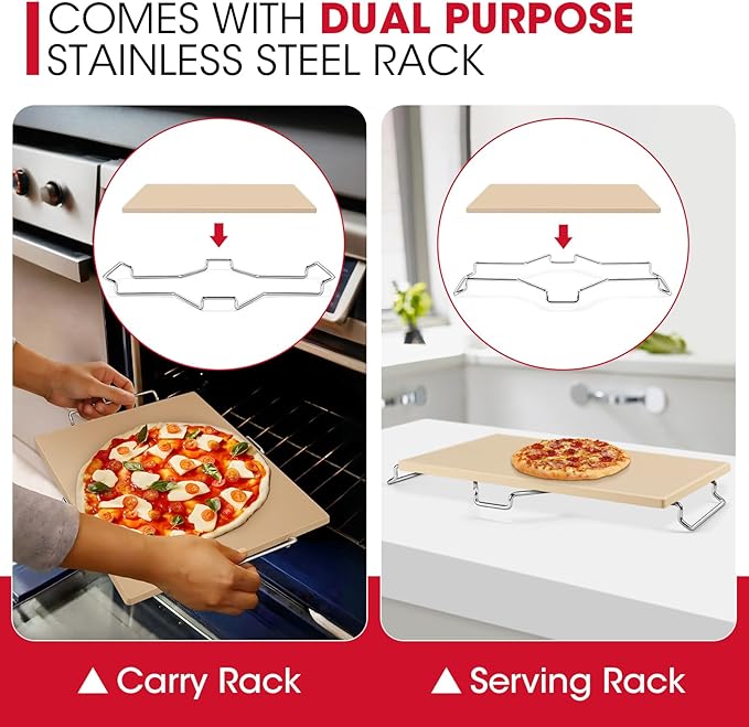 Unicook Pizza Stone for Oven and Grill, 15 x 12 Inch Rectangular Baking Stone for Bread, Cordierite Pizza Pan for Baking Crispy Bread, Pie and Cookies, Includes Carry Rack and Dough Scraper