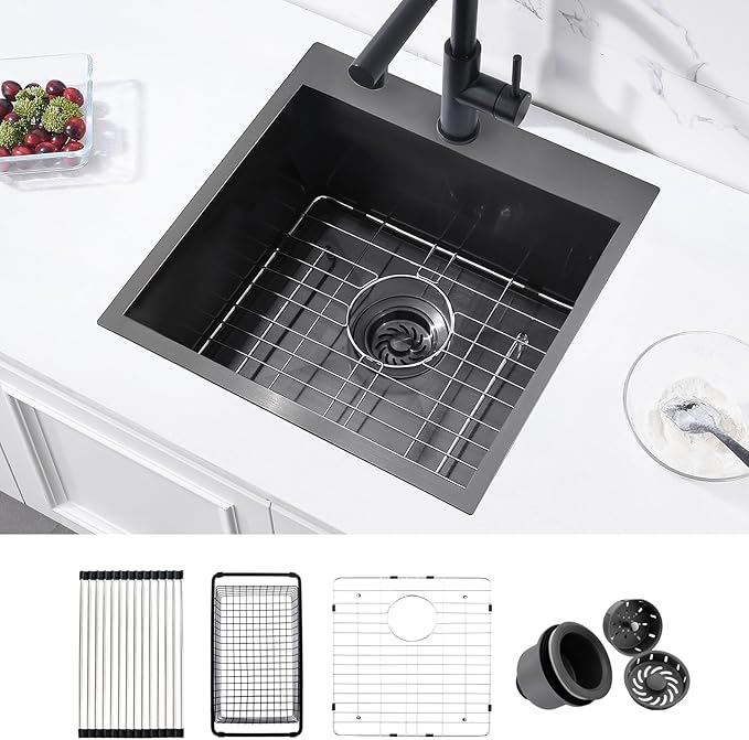 18 Black Drop In Kitchen Bar Sink, ZDHHT 18 x 18 x 10 Inches 16 Gauge T304 Black Stainless Steel Topmount Small Kitchen Sink Bar Prep Square Island Sink