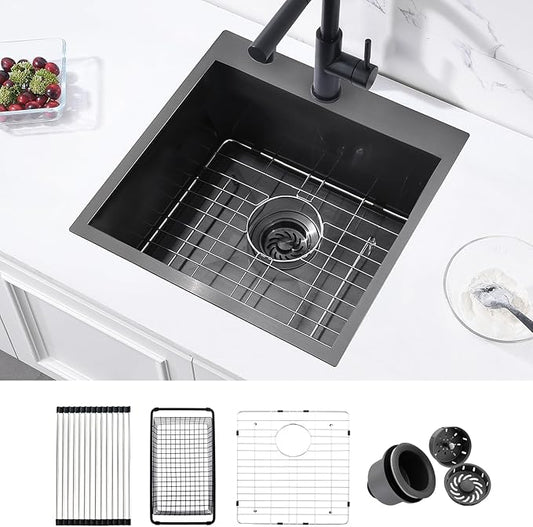 18 Black Drop In Kitchen Bar Sink, ZDHHT 18 x 18 x 10 Inches 16 Gauge T304 Black Stainless Steel Topmount Small Kitchen Sink Bar Prep Square Island Sink