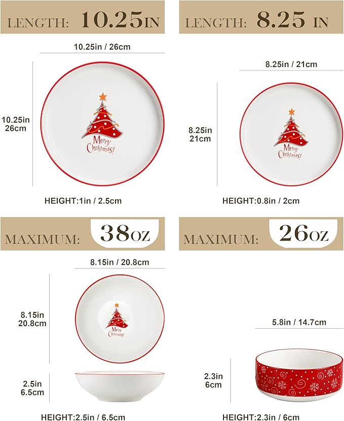 MALACASA Plates and Bowls Sets, 24 Pieces Christmas Porcelain Dinnerware Set for 8, Ceramic Dishware Dishes Kitchen Dining Ware Set, Microwave and Dishwasher Safe, Series LUNA-Christmas Tree