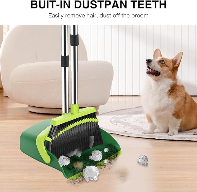 Broom and Dustpan Set, 52-in Long Adjustable Handle Broom Dustpan Combo with Dust pan Teeth to Automatically Clean Hair Suitable for Home Kitchen Office Hall Floor (Green), 2 Pack