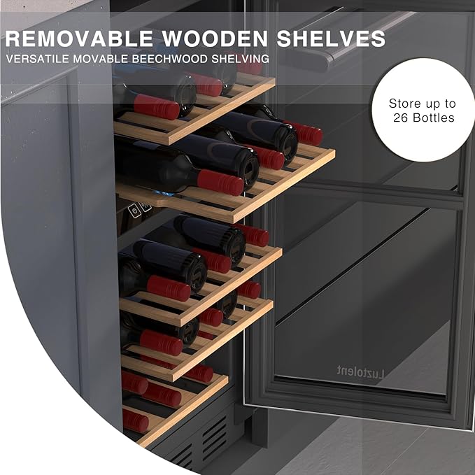 26 Bottles Wine Cellar, 15 Inch Compressor Wine Cooler with Dual Zone, Built-in or Under Counter, 41-64°F Digital Touchscreen, Triple-Layer Glass, Wine Fridge in Cabinet