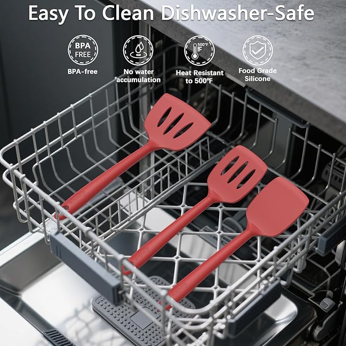 Coukre 3 Pack Silicone Spatula Set, High Heat Resistant, BPA-Free, Fish Spatula, Solid & Slotted Turner for Non-Stick Pans, Flipping Eggs, Pancakes, Fish, Burgers (3, PureRed)