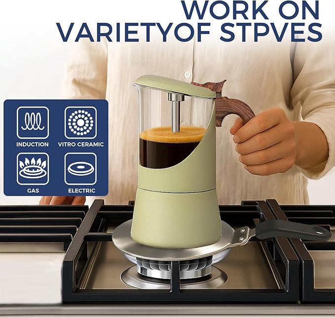 Glass Moka Pot for Stovetop & Induction - Italian Espresso Maker with Wood Handle & Leak-Proof Design - Comes with Induction Heat Diffuser Plate (6 Cup, Frosted 240ml)