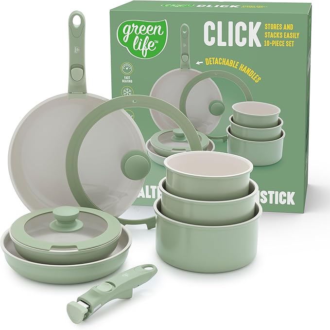GreenLife 10 Piece Nonstick Pots & Pans Set, Detachable Handle & Stackable Cookware Set, Non Toxic PFAS-Free Skillets, Induction Kitchen Pans, Space Saving, Serving Bowls, Oven Safe, Sage Green