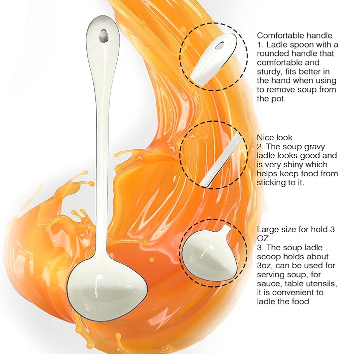 White Soup Ladle Spoons 12.2 Inch Big Serving Cooking Spoons Enamel Steel Stew Gravy Ladles for Serving