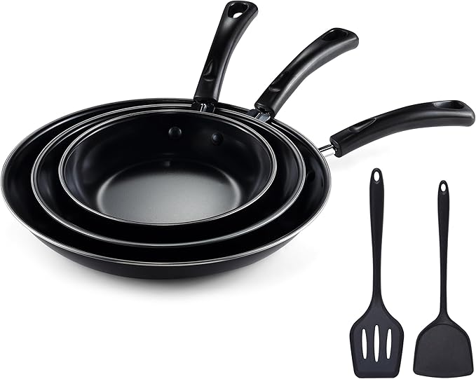 Nonstick Frying Pan Set - Iron Frying Pan 3-Piece Set (8", 10", 12") + 2 Silicone Spatulas, With Premium Nonstick Coating, Up to 450°F, Skillet Suitable for Induction, Gas & More
