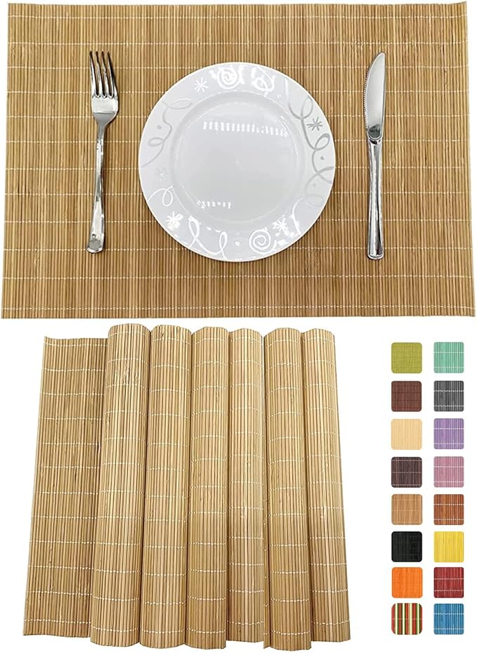 ANDSTAR Set of 6 Bamboo Placemats 17.7X11.8Inch Sushi Rolling Mat Japanese Style Bamboo Mat Natural Place Mats Washable Heat Resistant Table Mats for Dinner Dining Table Wedding Parties（Brown）