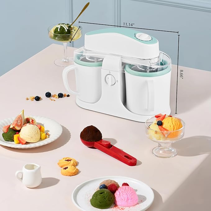 SUSTEAS Ice Cream Maker Machine,with Two Ice Cream Mug,Ice Cream for Frozen Yogurt,Sorbet,Gelato Treat,with Recipes,Simple Operation and Easy to Clean,White Green